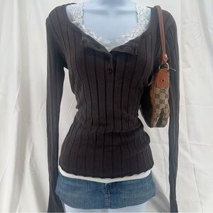 Vintage Y2K DKNY Henley Silk Ribbed Long Sleeve Top